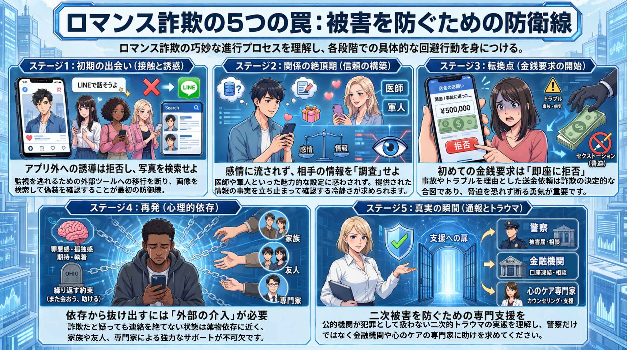 ロマンス詐欺5つの罠、詐欺を防ぐための防衛線